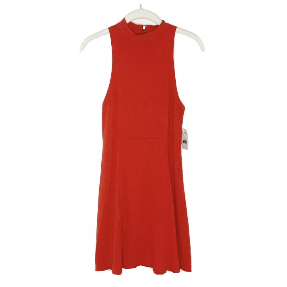 Free People Size Small Red Orange Kitty Kat Back Cut Out High Neck A-line Dress - Picture 3 of 13